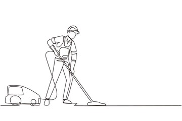 Wall Mural - Single one line drawing man with vacuum cleaners of various types isolated on white background. Washing and cleaning service. Disinfection and cleaning. Continuous line draw design vector illustration