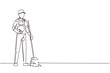 Continuous one line drawing smiling young male janitor standing in uniform, sweeping the floor with broom, professional cleaning, home and office service. Single line draw design vector illustration