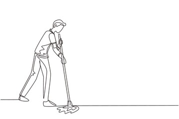 Wall Mural - Continuous one line drawing male mopping floor at office. Cleaning workers. Professional cleaning staff, domestic cleaner worker and cleaners equipment. Single line draw design vector illustration