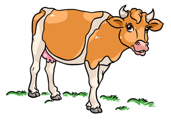 Wall Mural - Cow animal cheerful character cartoon grass meadow 