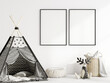 frame mockup in scandinian style children's room with toys and wigwam
