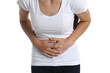 © megaflopp - Woman with abdominal pain in white T-shirt and white background