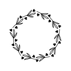 Wall Mural - Hand-drawn wreath with hearts. Black plant doodle wreath.