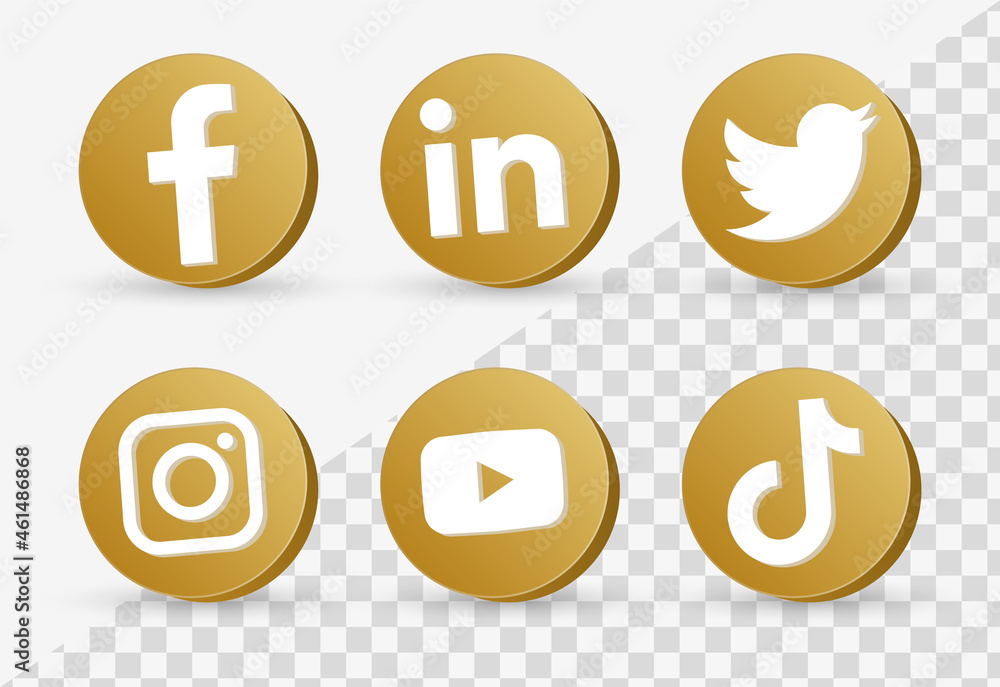 3d social media logo in modern golden circle facebook, instagram ...