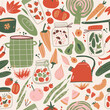 Home canning doodle seamless pattern. Food, kitchen equipment, jars, fruits and vegetables. Perfect for fabric, wallpaper or wrapping paper.