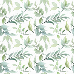 Wall Mural - Green leaves watercolor seamless pattern