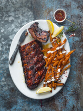 Pork Ribs And Sweet Potato Chips With Chilli Jam
