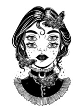 Cute Victorian Witch With Butterflies And Four Eyes