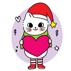 Wall Mural - Cartoon cute Christmas and new year cat and heart vector.