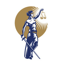 Justice Goddess Themis On The Background Of Sun, Lady Justice. Logo Design With The Statue Of Femida For Law Firm, Lawyers, Rights Attorneys, Business Law Firm.