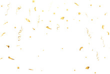 Golden Confetti Falls On A Beautiful Background. Falling Streamers On Stage.	
