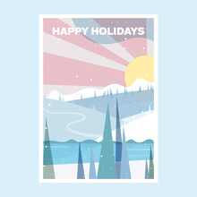 Winter happy holidays poster. Vector illustration with forest and lake with falling snow,  sunset over the mountains.