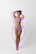 © master1305 - One young beautiful slim woman in lingerie isolated over gray background. Line art. Modern artwork. Healthy eating concept