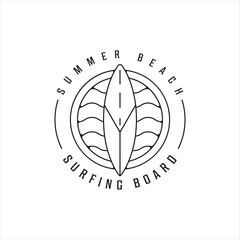 Wall Mural - surfing island beach logo line art vector illustration template icon design. paradise symbol with mi