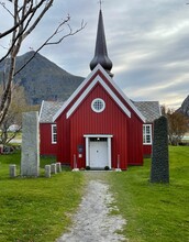 Red Church Surrounded By Nature At Norway