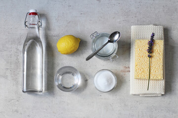 Baking soda, vinegar, lemon flat lay