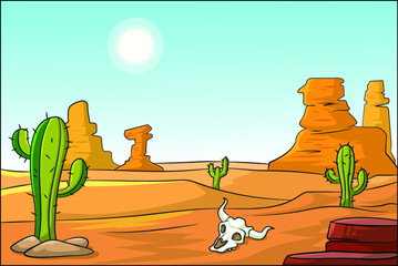 Cartoon vector illustration of a desert with cactus