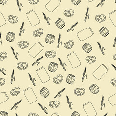 Seamless pattern with beer snacks in doodle style