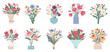© Pictulandra - Flower bouquet. Set of bright spring blooming flowers in vases and bottles isolated on a white background. Cartoon flat vector illustration.