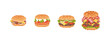 Pixel art burgers set illustrations. 8 bit style retro icons of hamburger, mega burger, cheeseburger and chicken burger. Vector fast food symbols for game, decoration, sticker or web. 