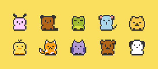 Sticker - Pixel art animals icons Collection. 8 bit retro style illustration set of rabbit, bear, frog, mouse, chicken, cat, duck, fox, owl, dog. Best for mobile game design, decoration, stickers.