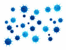 Viruses Are Infectious Pathogens That Replicates In Living Cells. Blue Viruses Isolated On White Background.