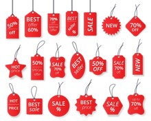 Realistic Red Sale Labels, Discount Price Tags Mockups. Paper Gift Label With Rope, Promotional Sales Hanging Tag Vector Template Set. Retail Product Sticker Elements With Deal, Hot Price