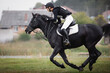 closeup portrait of rider man and black stallion horse galloping during eventing cross country competition in autumn