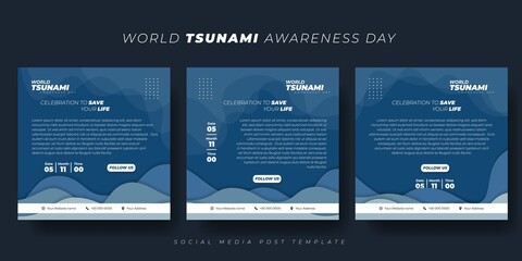 Set of social media post template with blue background design. World Tsunami Awareness Day template design.