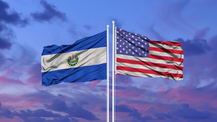 Wall Mural - Waving American flag and flag of El Salvador.