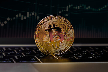 The concept of the bitcoin cryptocurrency financial market, trading. Bitcoin cryptocurrency is the future. The bitcoin logo on the laptop keyboard with a graph. Golden bitcoin - macro