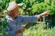 © carballo - farmer with technology device or tablet in the field pointing