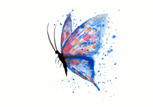 Beautiful Blue Butterflie Hand Drawn With Watercolors, Blue Butterflie With Paint Splatter Isolated On White Background