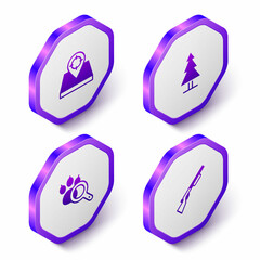 Canvas Print - Set Isometric Hunt place, Tree, Paw search and Hunting gun icon. Purple hexagon button. Vector