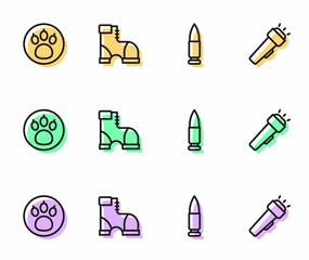 Canvas Print - Set line Bullet, Paw search, Hunter boots and Flashlight icon. Vector