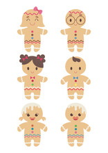 Set Of Cute Gingerbread Boy And Girl Vector Illustration Cartoon. Cute And Sweet Gingerbread Cookie Pastel Cartoon.