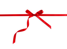 Red Elegant Gift Bow On White. Red Horizontal Ribbon, Curved. 