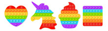 Pop It Sensory Vector Toy. Bubble Pop It Fidget Vector. Popit Fidget Toy. 3d Realistic Antistress Fidgeting Toy Rainbow Popular Popit Shaped As Unicorn, Heart, Funny CupcaKe, And Square. 