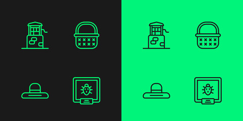 Set line Colorado beetle, Farmer worker hat, Well and Wicker basket icon. Vector