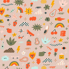 Funny and joyful contemporary pattern with animals, trippy characters and raw shape objects. Vector illustration