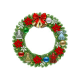 Fototapeta Na drzwi - christmas wreath with red bow, gold bells and decorations