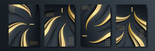 Abstract Black And Gold Cover Template Set. Modern Background With Geometric Shape And Golden Element Combination