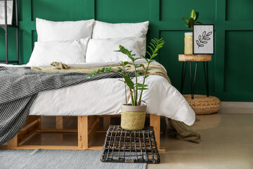 Wooden double bed in interior of green bedroom with stylish decor