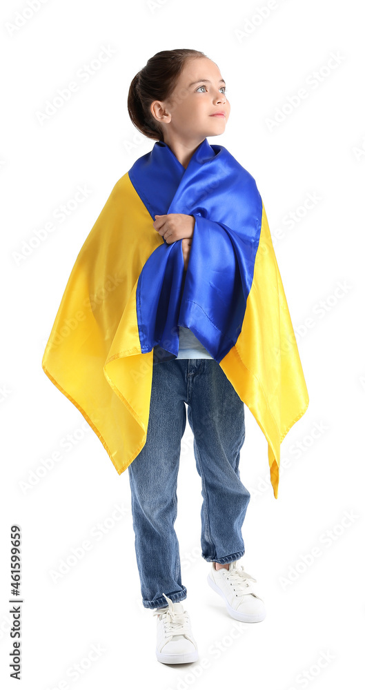 Little girl with Ukrainian flag on white background