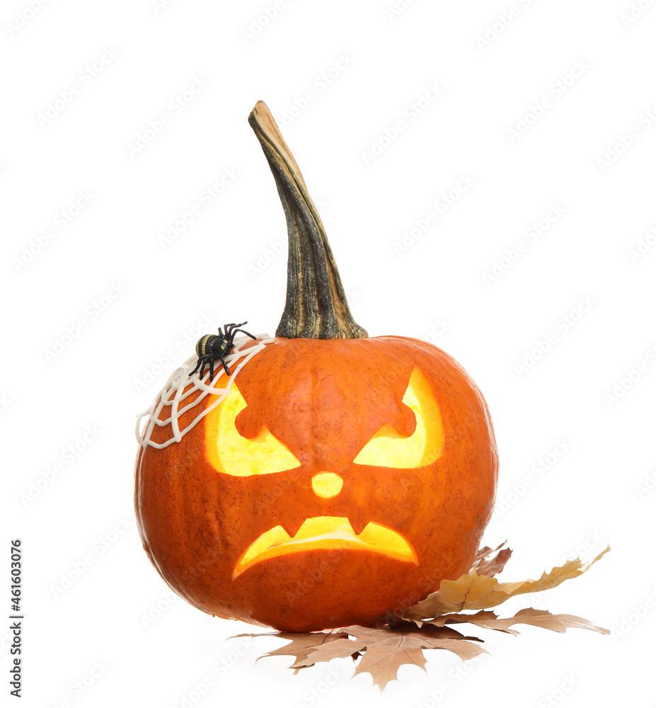 Carved pumpkin for Halloween on white background