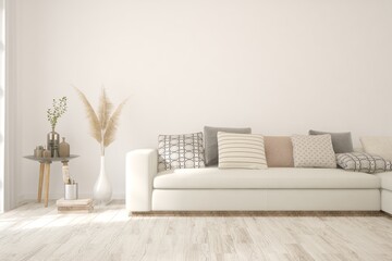 White living room with sofa. Scandinavian interior design. 3D illustration