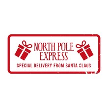 North Pole Express - Special Delivery From Santa Claus. Holiday Stamp Design For Letters Or Gifts. Christmas Vintage Decorative Element With Gift Boxes, And Texture That Can Be Removed.
