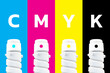 Laser printer toner in a plastic bottle on a colorful background of CMYK (Cyan, magenta, yellow, Black) colors.