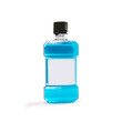 Mouthwash or oral rinse bottle with blank paper label on white background. Product used to rinse teeth and gums. Blue liquid against bad breath and cavities plaque. Dental health.