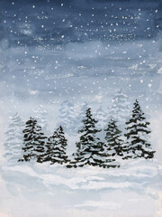 Winter snow fall pine-trees with neutral dark blue sky, hand painted in watercolor, isolate white background